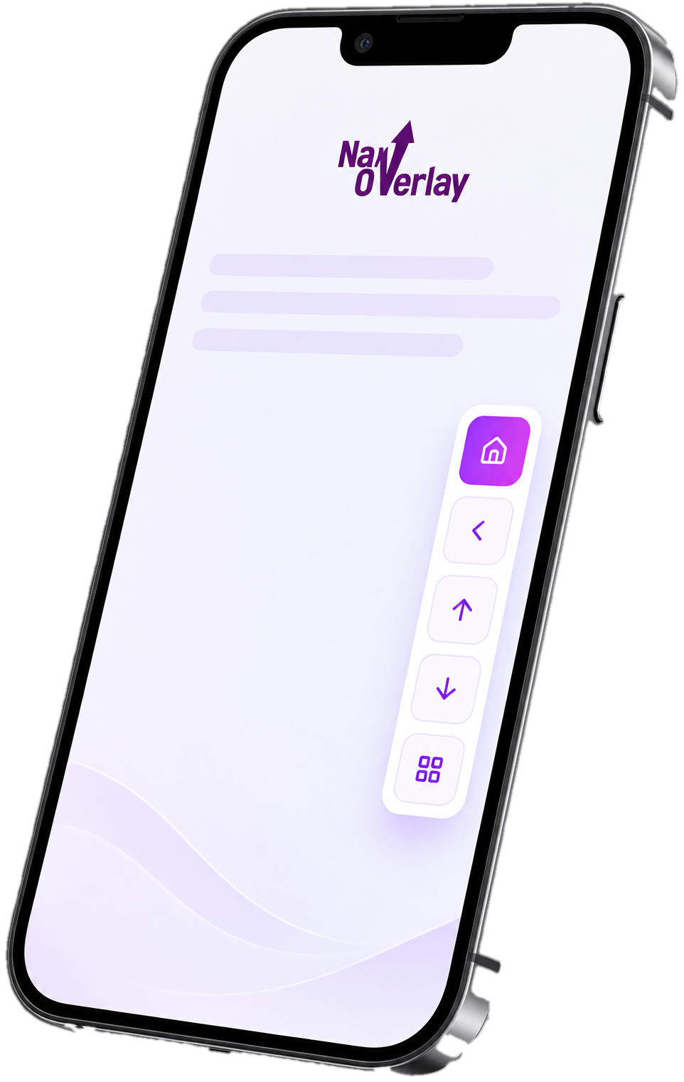 A phone leaning at an angle, with the NavOverlay pill floating over the right edge of the screen: home, back, scroll up, scroll down and recent apps.